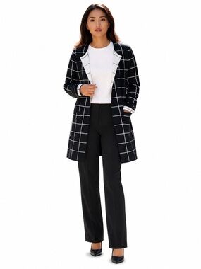 Open-Front Black and White Grid Pattern Long Cardigan